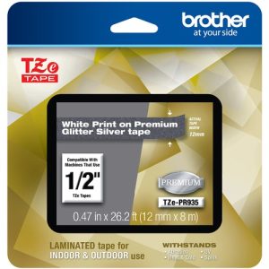 Brother  TZe Premium Laminated Tape, 0.47" x 26.2 ft, White on Silver
