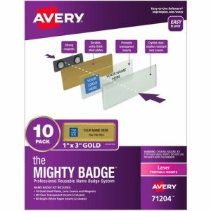 Avery  Badge Kit, Magnetic, Laser, Reusable, 1"x3", 10/PK, Gold