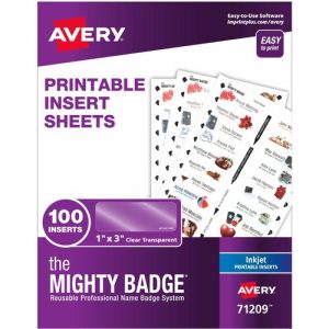 Avery  Inserts, f/Mighty Badges, Inkjet, 1"x3", 100/PK, Clear