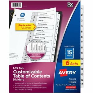 Avery  Dividers,Table of Contents,15-Tab,Letter,6ST/PK,BK/WE