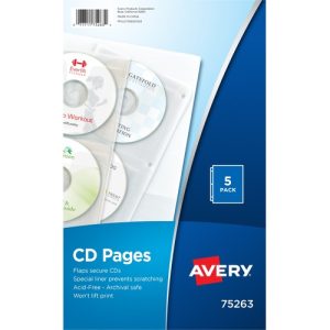 Avery  CD/DVD Storage Pages,F/3 Ring Binders,2-Sided,5/PK,Clear