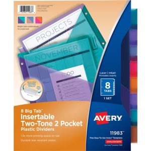 Avery  Dividers,2-Tone,8-Tab,3HP,9-1/4"x11-1/8",24Sets/CT,AST