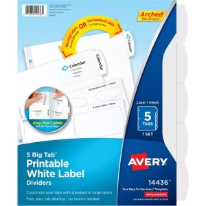 Avery  Dividers, Big Tab, w/Labels, 3HP, 5-Tab, 36ST/CT, White