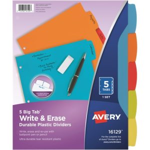 Avery  Divider,Erasable Big Tab,5-Tab,3HP,8-1/2"x11",24Sets/CT,AST