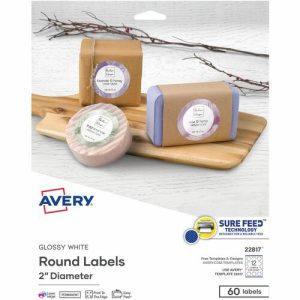 Avery  Label, Round, Sure Feed, Perm, 2", 60/PK, 5/CT, Glossy WE