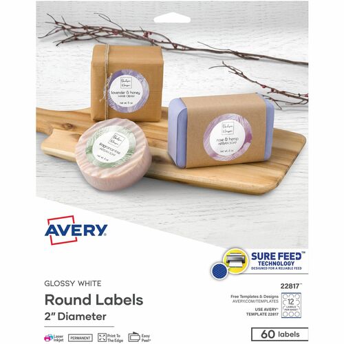 Avery Label, Round, Sure Feed, Perm, 2", 60/PK, 5/CT, Glossy WE