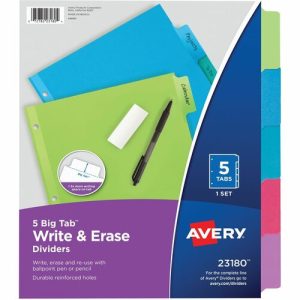 Avery  Divider,Erasable Big Tab,5-Tab,3HP,8-1/2"x11",36/CT,AST