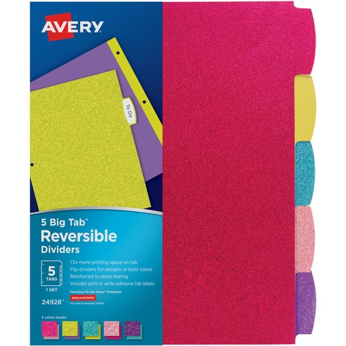 Avery Index Dividers, Big Tab, Reversible, Glitter, 5-Tab, 24ST/CT