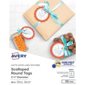 Avery Tags, Round, Scalloped, Textured, 2-1/2" D, 90/PK, 5/CT, WE