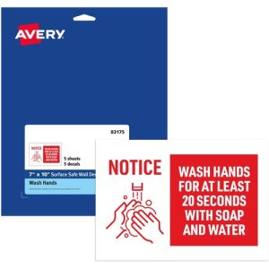 Avery  Decal,"Wash Hands for 20 Seconds,Wall,7"x10",5/PK,WE