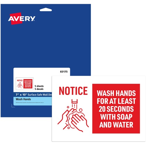 Avery Decal,"Wash Hands for 20 Seconds,Wall,7"x10",5/PK,WE