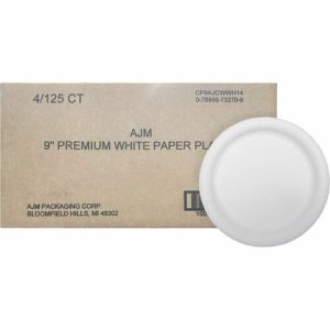 Ajm Packaging Corporation  Plates, Coated Paper, Round, 9" Dia, 125/PK, White