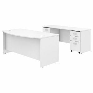 Bush Business Furniture  Desk,Bowfront,w/Credenza/Storage,72"x96"x30",White