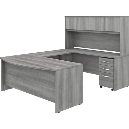 Bush Business Furniture U-Desk,Bowfront,w/Hutch/BBF Ped,72"x101"x66",Platinum Gray