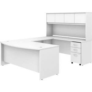 Bush Business Furniture  U-Desk,Bowfront,w/Hutch/BBF Ped,72"x101"x66",White