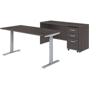 Bush Business Furniture  Desk,Hgt-Adj,w/Credenza/BBF Ped,60"x82-4/5"x48",Storm Gray