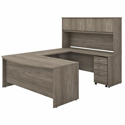 Bush Business Furniture U-Desk,Bowfront,w/Hutch/BBF Ped,72"x101"x66",Modern Hickory