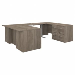 Bush Business Furniture  U Station,w/Hgt-Adj Bridge/Storg,71"x108.38"x29.82",Hickory