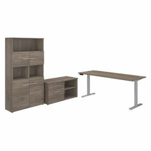 Bush Business Furniture  Deskt,Stand,Hgt-Adj,w/Storage,71"x73.58"x47.69",Hickory