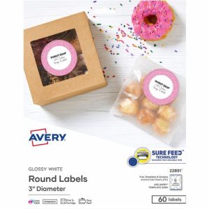 Avery  Labels,Round,Glossy,Easy Peel,Sure Feed,3"Dia,60/PK,WE