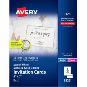 Avery Invitation Cards,w/Gold Borders/Envelopes,30/PK,Matte White