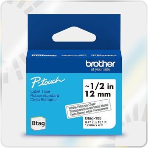 Brother  Label Tape,Btag,0.47"x13.1',WhiteonClear