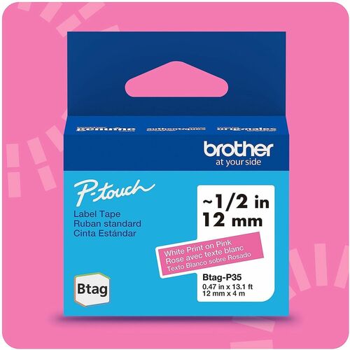 Brother Label Tape,Btag,0.47"x13.1',WhiteonPink