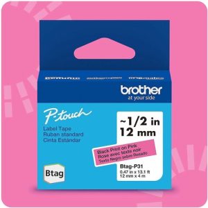 Brother  Label Tape,Btag,0.47"x13.1',BlackonPink