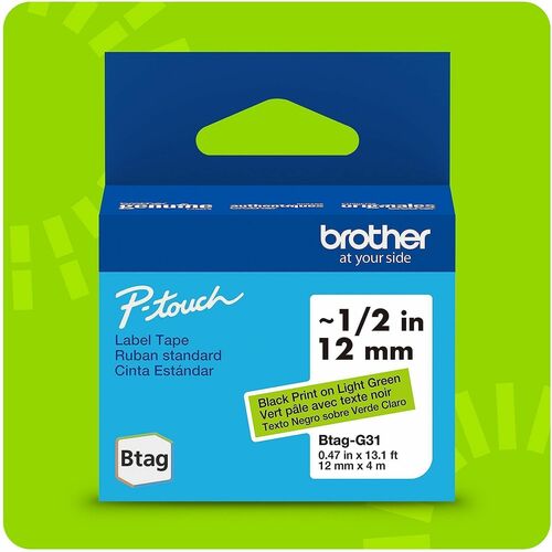 Brother Label Tape,Btag,0.47"x13.1',BlackonLight Green