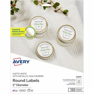 Avery  Labels,Round,Boarder,PrinterSafe,2"Dia,120/PK,White/GOld