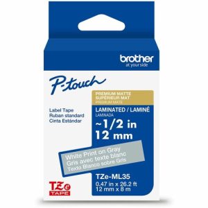 Brother  Label Tape,Laminate,f/P-touch,0.47"x26.2',WhiteonMatteGray