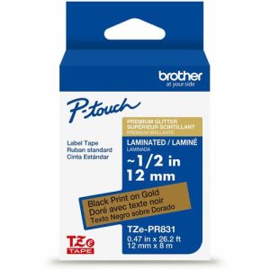 Brother  Label Tape,Laminate,f/P-touch,0.47"x26.2',BlackonGoldGlitter