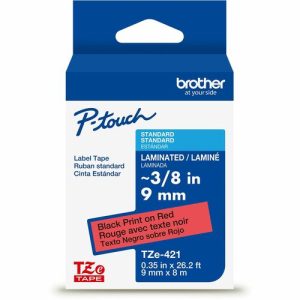 Brother  Label Tape,Laminated,f/P-touch,0.35"x26.2',BlackonRed