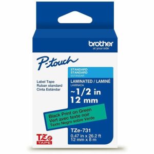 Brother  Label Tape,Laminated,f/P-touch,0.47"x26.2',BlackonGreen