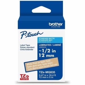 Brother  Label Tape,Laminated,f/P-touch,0.47"x26.2',WhiteonSatinGold