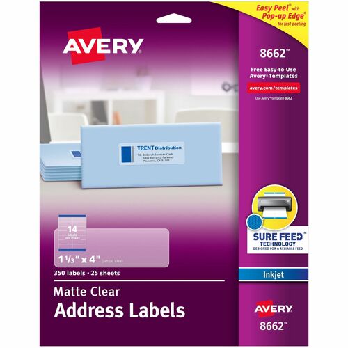 Avery Inkjet Mailing Labels, Address, 1-1/3"x4", 350/PK, Clear