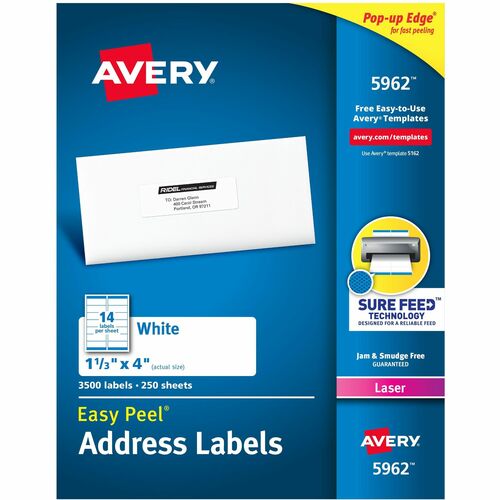 Avery Laser Labels, Mailing, 1-1/3"x4", 3500/BX, White