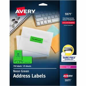 Avery  Address Labels, Laser, 1"x2-5/8", 750/PK, Neon Green