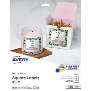 Avery  Labels,Square,Matte,PrinterSafe,SureFeed,3"x3",150/PK,White