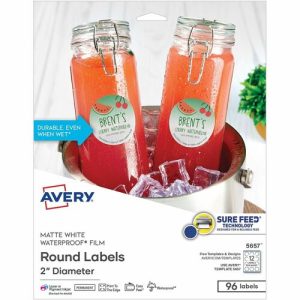 Avery  Labels,Round,SureFeed,Print,Waterproof,Polyester,2",96/PK,WE