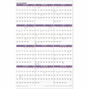AT-A-GLANCE  Yearly Wall Calendar, 12 Mths Jan-Dec, 24"x36", BE/RD Ink