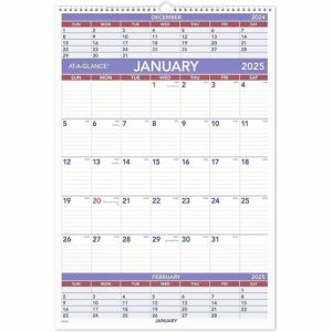 AT-A-GLANCE  3-Mth Wall Calendar,Wirebound,Jan-Dec,15-1/2"x22-3/4",BE/RD