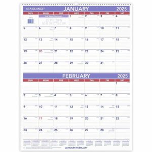 AT-A-GLANCE  Wall Calendar, 12 Mths, Jan-Dec, 2MPP, 22"x29",BE/RD