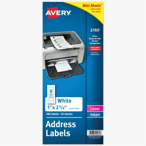 Avery Laser Labels, Address, 1"x2-5/8", 200/PK, White