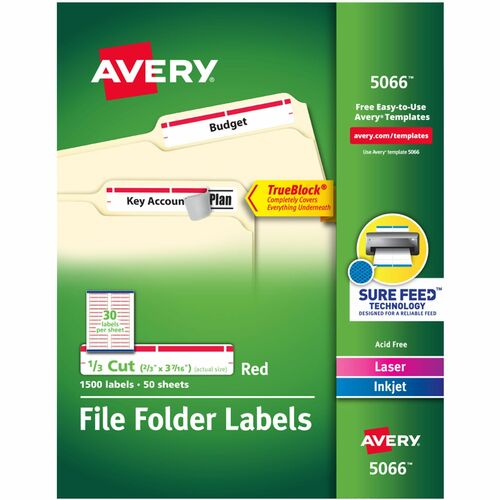 Avery Labels, Filing, TrueBlock, 1/3 Cut, 1500/BX, Red