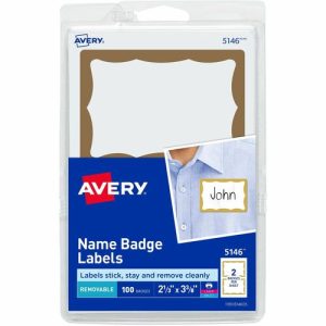 Avery  Name Badge Labels, 2-11/32"x3-3/8", 100/PK, Gold Border