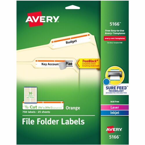 Avery Labels, Filing, TrueBlock, 1/3 Cut, 750/PK, Orange