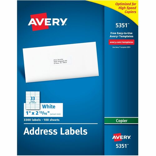 Avery Copier Label, Mailing, 1"x2-13/16", 3300/BX, White