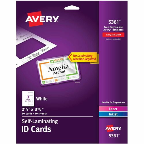 Avery Laminated Laser/Inkjet ID Cards, 2-1/4"x3-1/2", 30/BX, White