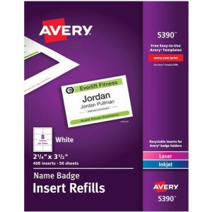 Avery  Insert Badge Refill, Fits 2-1/4"x3-1/2", 8/Sht, 400/BX, WE